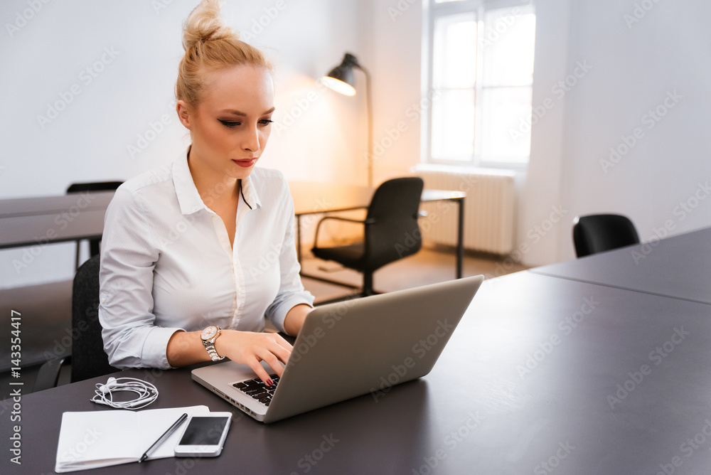 Pretty businesswoman networking or planning work Pretty businesswoman networking or planning work