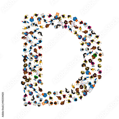 A group of people in the shape of English alphabet letter D on light background. Vector illustration.
