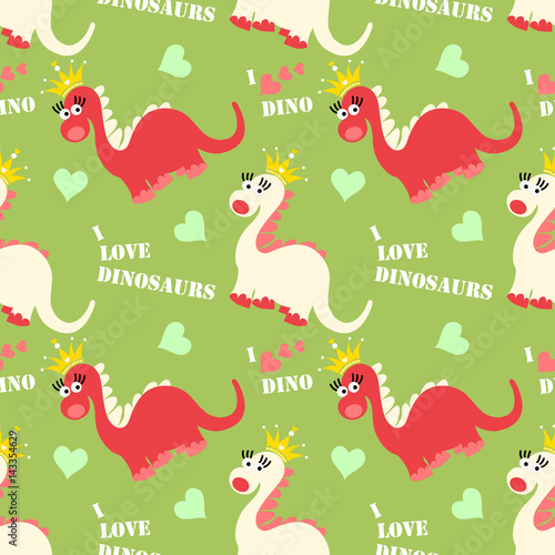 Cute dinosaur seamless pattern. Adorable cartoon dinosaurs background. Colorful kids pattern for girls and boys. Vector  texture in childish style for fabric, wallpapers, cards and designs.