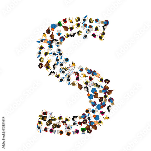 A group of people in the shape of English alphabet letter S on light background. Vector illustration.