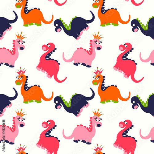 Cute dinosaur seamless pattern. Adorable cartoon dinosaurs background. Colorful kids pattern for girls and boys. Vector  texture in childish style for fabric, wallpapers, cards and designs.