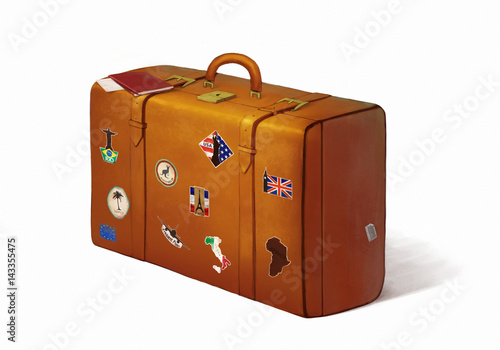Digital painting of a suitcase full of travel stickers