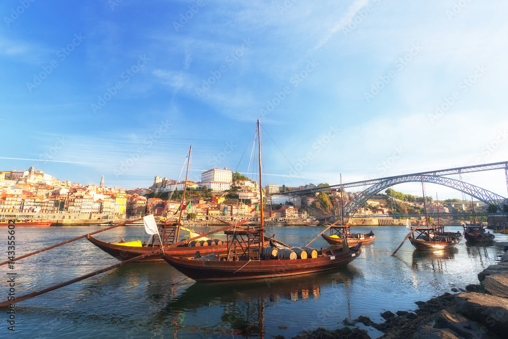 traditional boats with wine barrels, old Porto, Portugal