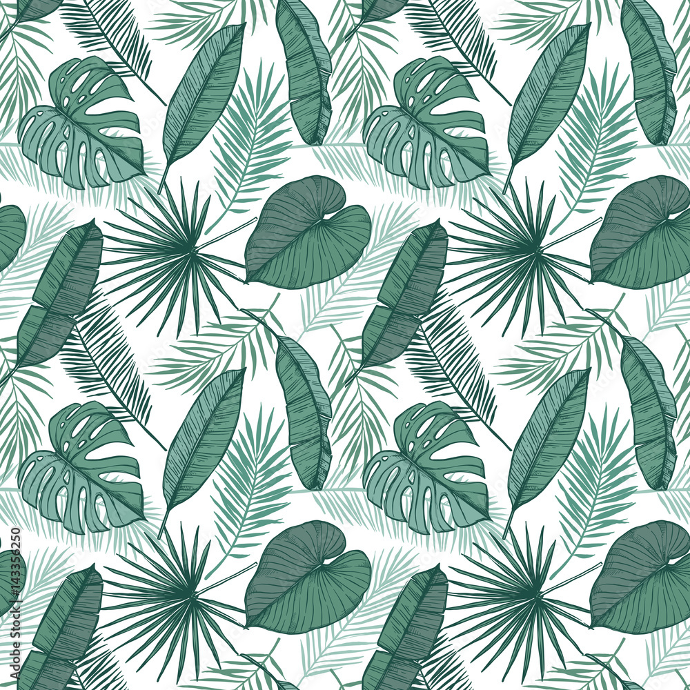 Hand drawn vector background - Palm leaves (monstera, areca palm, fan palm, banana leaves). Tropical seamless pattern. Perfect for prints, posters, invitations etc