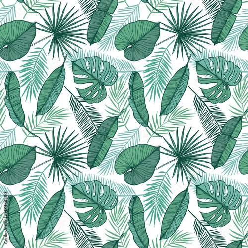 Hand drawn vector background - Palm leaves (monstera, areca palm, fan palm, banana leaves). Tropical seamless pattern. Perfect for prints, posters, invitations etc