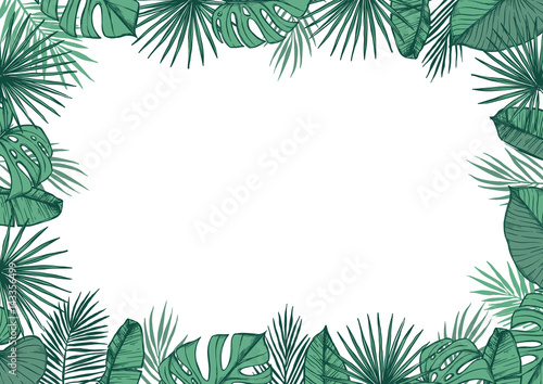 Hand drawn vector illustration - frame with Palm leaves and aloha lettering. Tropical design elements. Perfect for prints  posters  invitations etc
