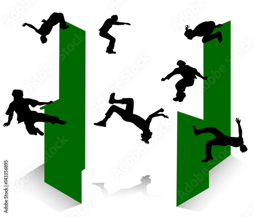 Silhouette of jumping young men and girl. Parkour.