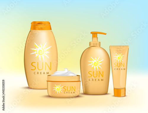 Sun Cream Containers. Vector Set of Protection Sun Care Cosmetics packaging. Suntan Lotion, bottle of Oil and Sunscreen Cream. 
