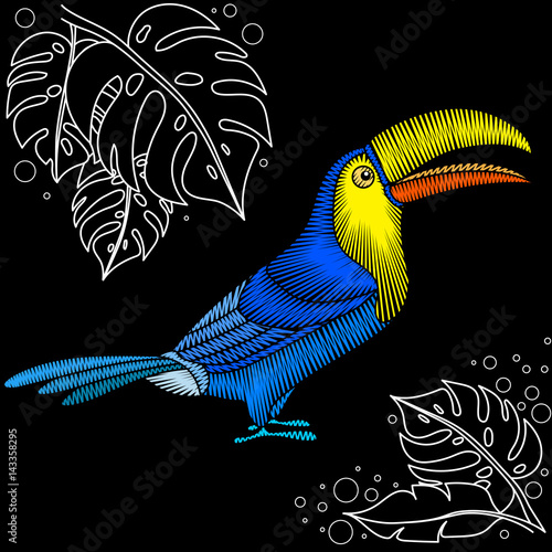 Embroidery design with toucan bird. Natural artwork for clothing, patches and stickers. Decorative fancywork elements and fabric textile print.