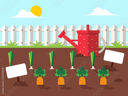 Garden with Vegetables and Watering Can. Flat Design Style. 