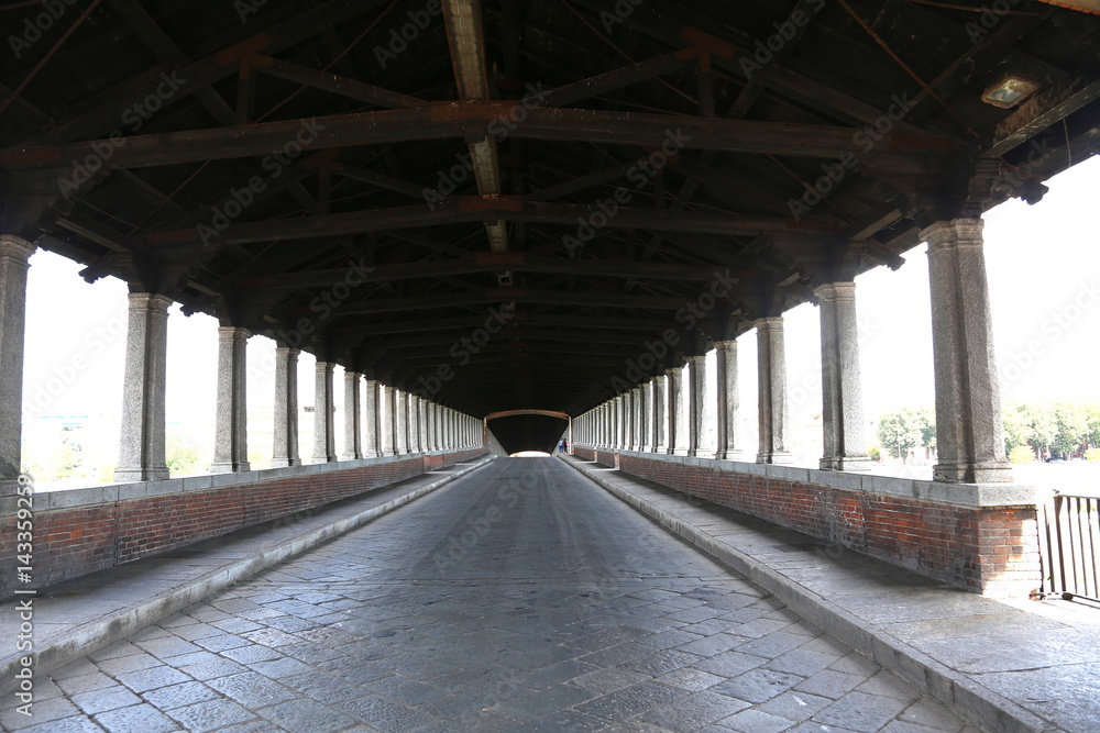 wooden bridge over the TICINO River in Pavia