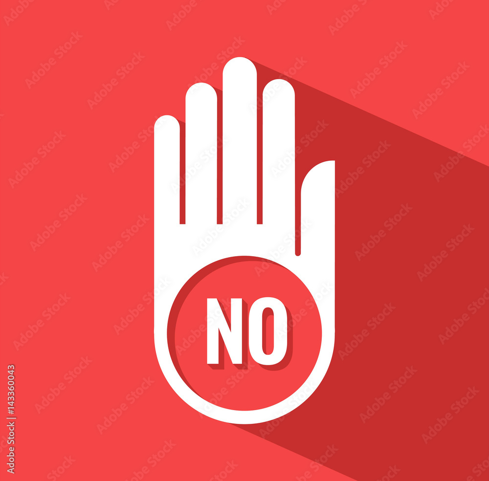 Obraz premium Hand icon with the word NO. Red stop sign. Vector flat illustration with long shadow