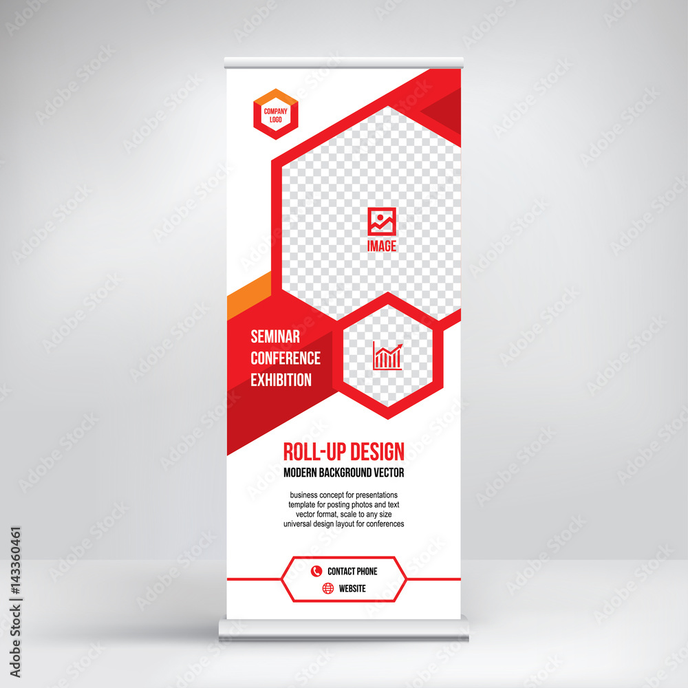 Banner roll-up vector, red graphic template for the exhibition stand, for the conference, accommodation advertising information and photos. Business concept, vector background
Banner roll-up vector, red graphic template for the exhibition stand, for the conference, accommodation advertising information and photos. Business concept, vector background