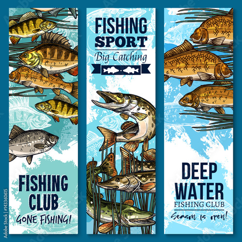 Fishing sport club banner set with swimming fish