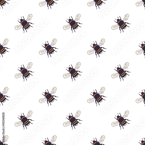 Vector bees set - seamless pattern. Hand drawn ink sketch with bumblebee insect. Wild animal drawing