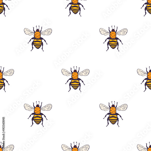 Vector bees set - seamless pattern. Hand drawn ink sketch with bumblebee insect. Wild animal drawing © oxanaart