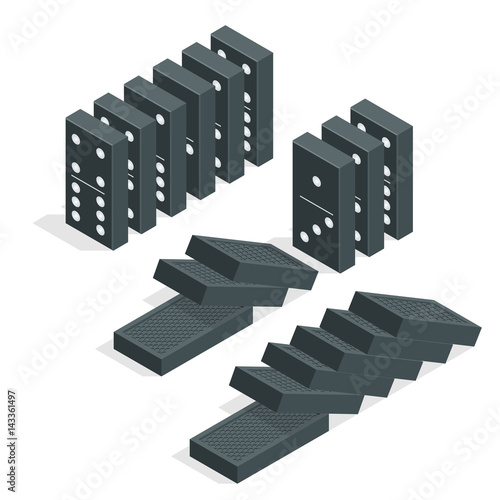 Domino effect. Full set of black isometric dominoes isolated on white. Flat vector illustration