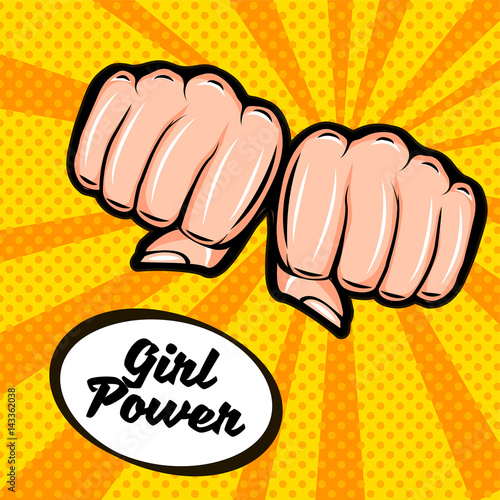 Girl power. Feminism symbol. Female fist, doodle colorful retro poster in the style of pop art.