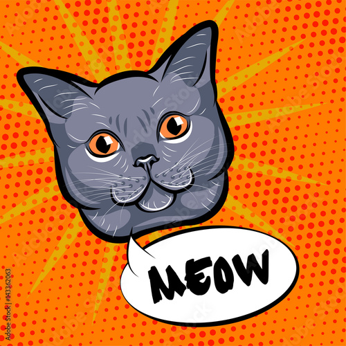 Cute cat head pop art. Isolated on orange background. Vector photo