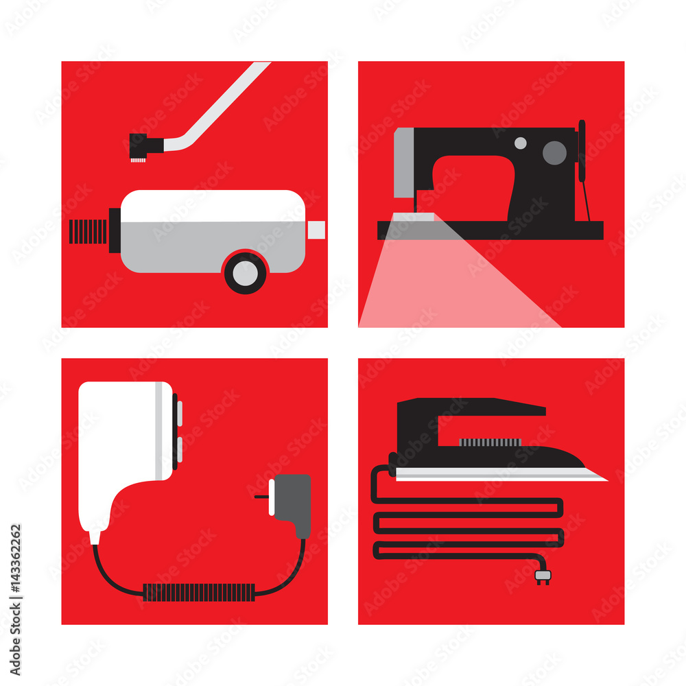 Set with home appliances in retro style, vacuum cleaner, sewing machine, electric razor, iron, vector illustration Set with home appliances in retro style, vacuum cleaner, sewing machine, electric razor, iron, vector illustration