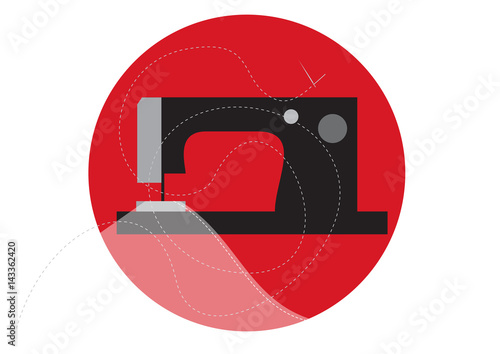 Sewing machine with cloth, needle and thread in circle, vector illustrtion 