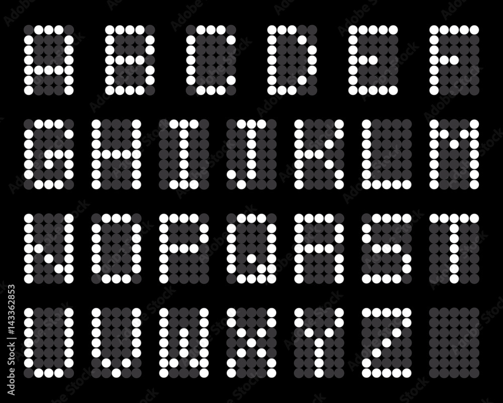 Digital terminal table led font, with grid, white isolated on black background, vector illustration. Digital terminal table led font, with grid, white isolated on black background, vector illustration.