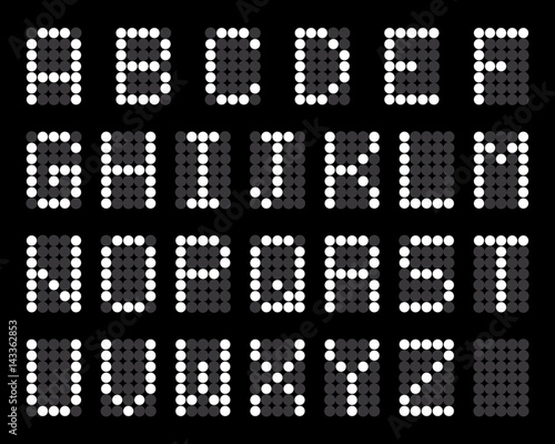 Digital terminal table led font, with grid, white isolated on black background, vector illustration.