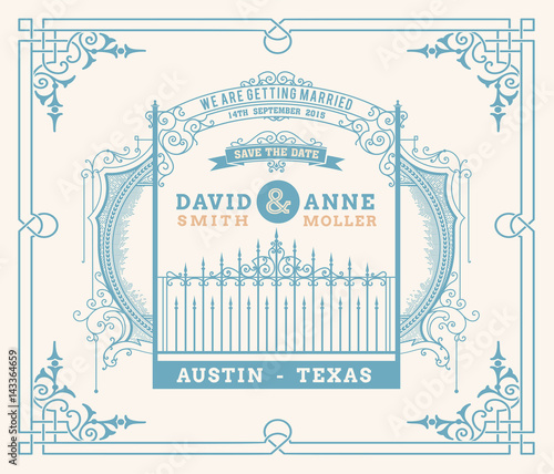 Wedding invitation vintage card with forged metal elements separated by layers