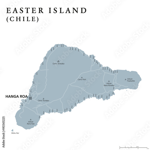 Easter Island political map with capital Hanga Roa, streets and monumental Moai statues. Chilean island in southeastern Pacific Ocean. Gray illustration on white background. English labeling. Vector.