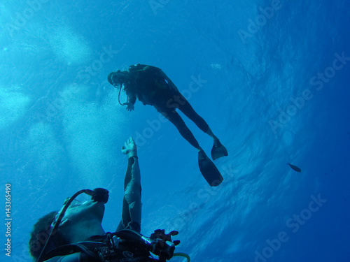 Couple of divers. Hands reaching out to one another, almost touching. Rangiroa, French Polynesia.