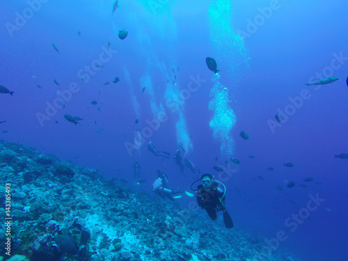 Scuba divers swim over Coral Reef. Rangiroa  French Polynesia.