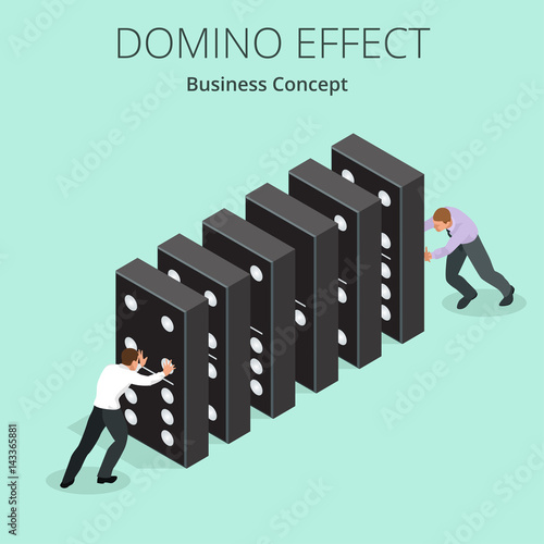 Isometric Man Start domino effect a and Chain reaction concept. Business metaphor. Business solution and helping business themes.