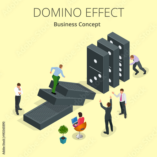Isometric Man Start domino effect a and Chain reaction concept. Business metaphor. Business solution and helping business themes.