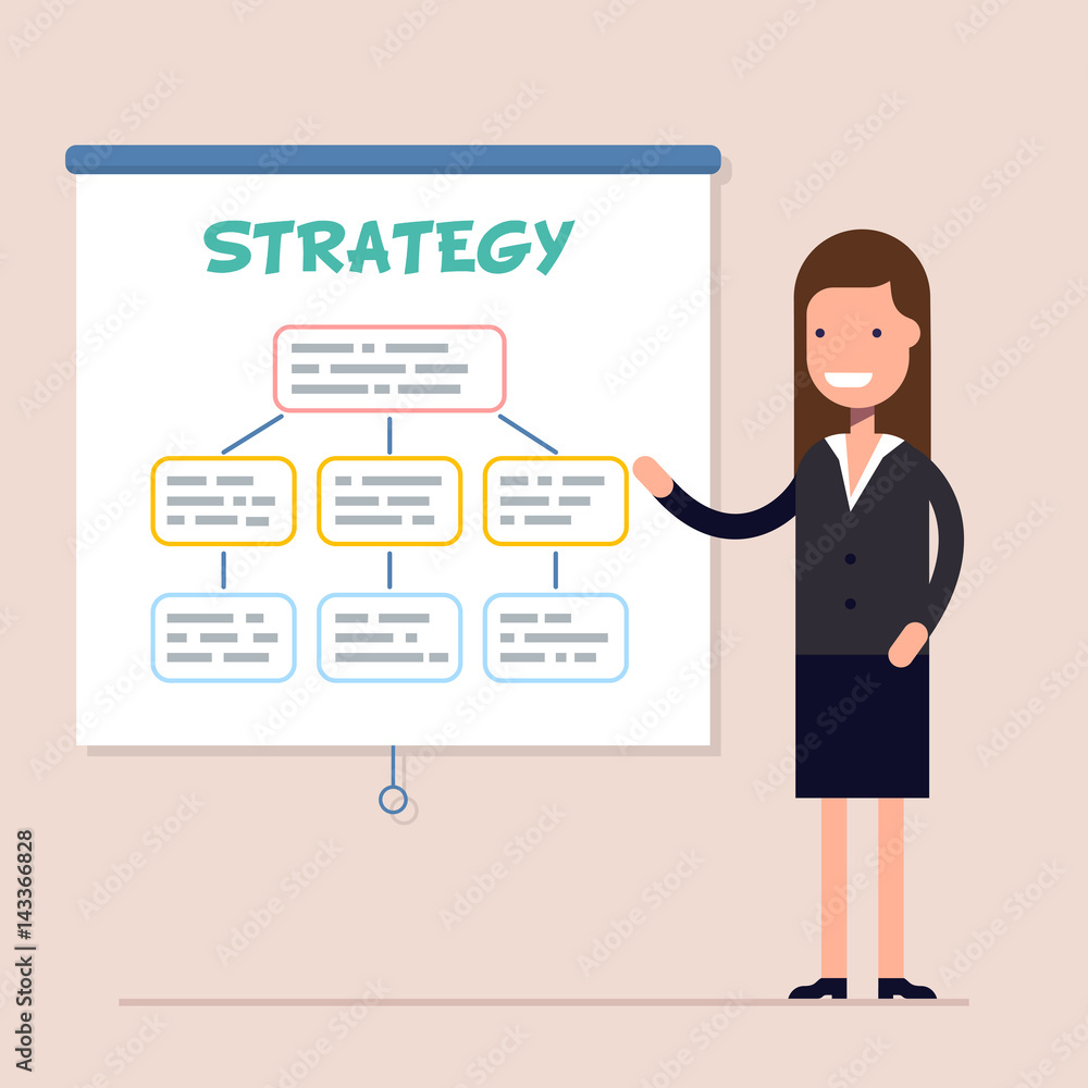Businesswoman or boss conducts a training and seminar or conference. Business strategy and finance. Flat vector character. Businesswoman or boss conducts a training and seminar or conference. Business strategy and finance. Flat vector character.