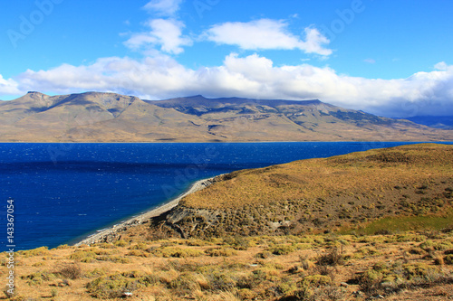 Blue lake and yellow field in Torres del Paine, Patagonia, Chile