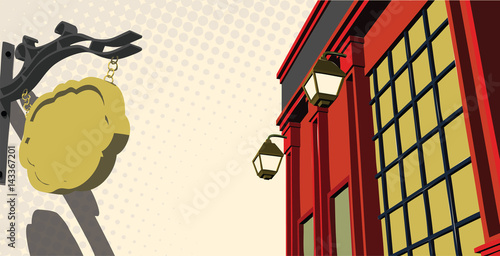 Comics style english pub with vintage light box