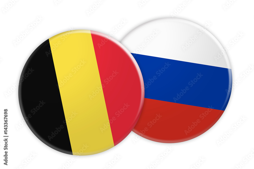 News Concept: Belgium Flag Button On Russia Flag Button, 3d illustration on white background