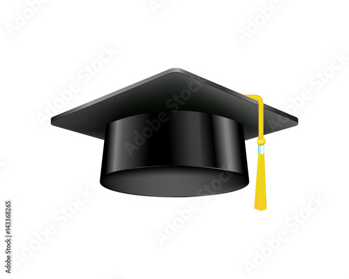 Graduation cap with gold tassel isolated education ceremony black hat academic vector illusration.