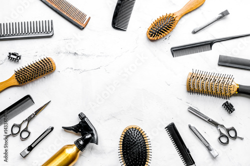 Tools for hairdress in barbershop on white background top view mockup
