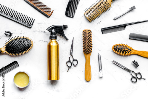 Tools for hairdress in barbershop on white background top view