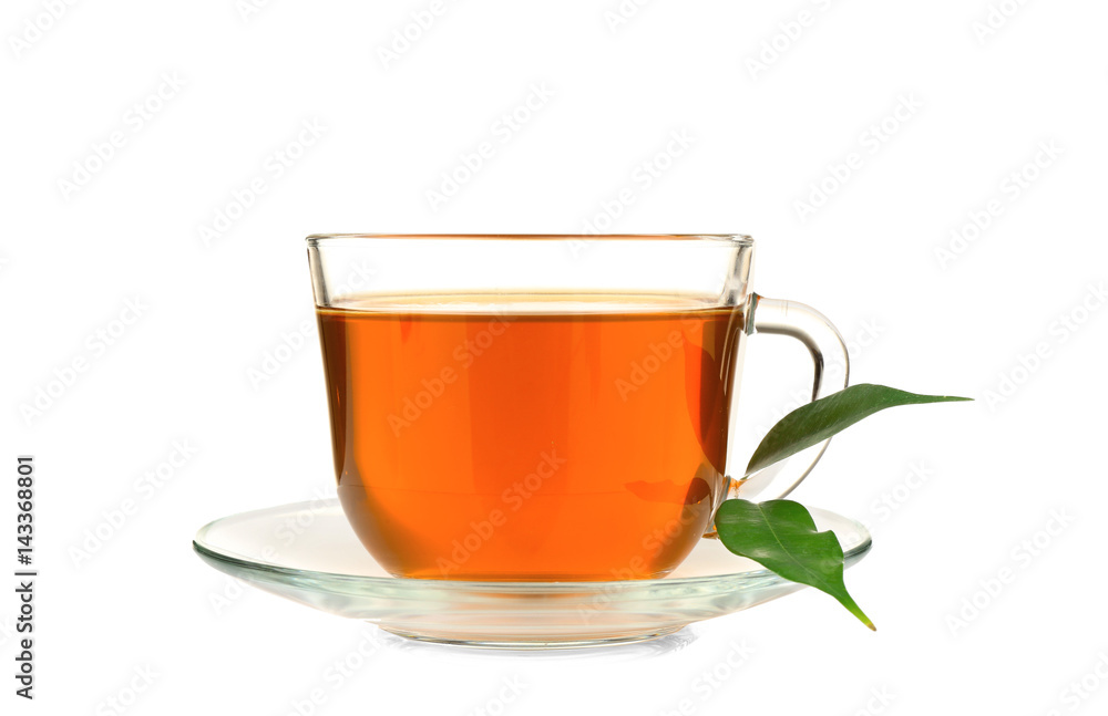 Cup of tea and green leaves isolated on white Cup of tea and green leaves isolated on white