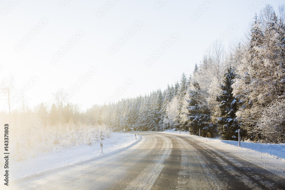 Sweden, Sodermanland, Strangnas, Empty road surrounded by snowy trees at sunrise Sweden, Sodermanland, Strangnas, Empty road surrounded by snowy trees at sunrise