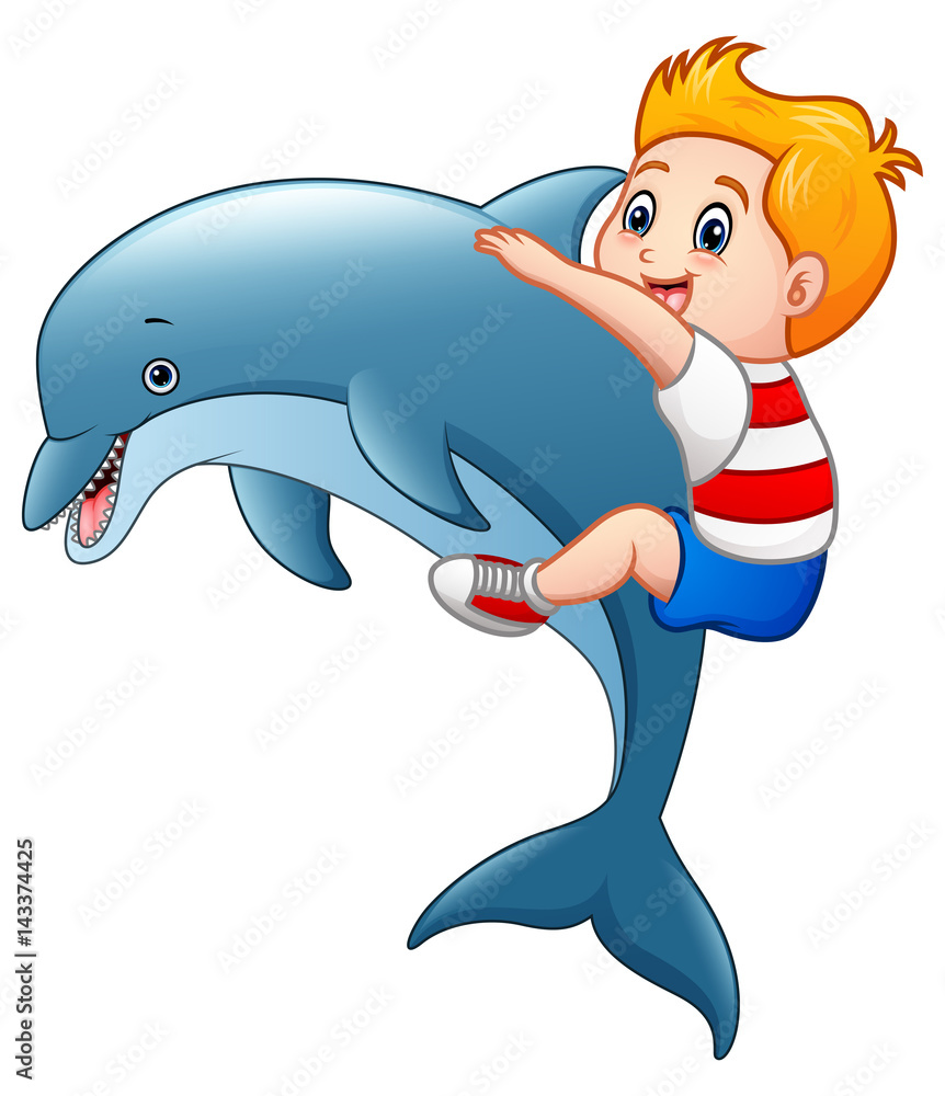 Fototapeta premium Little boy cartoon with dolphins