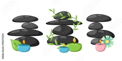 Pyramid from sea pebble relax heap stones isolated and healthy wellness black massage meditation natural tool spa balance therapy zen vector illustration.