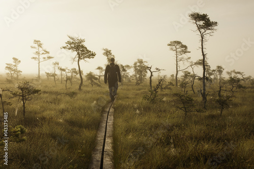 Sweden, Smaland, Man walking through Store Mosse National Park photo