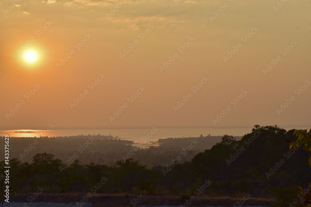 Atmosphere before sunset at reservoir in Ubon Ratchathani, Northeastern of Thailand