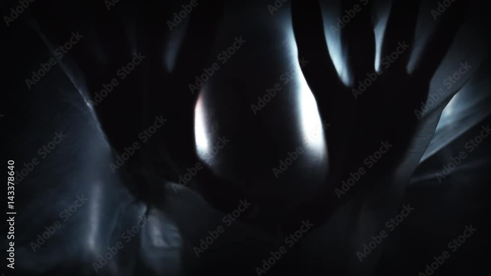 4K Horror Shot Of Hands Silhouette on Plastic Curtain 4K Horror Shot Of Hands Silhouette on Plastic Curtain