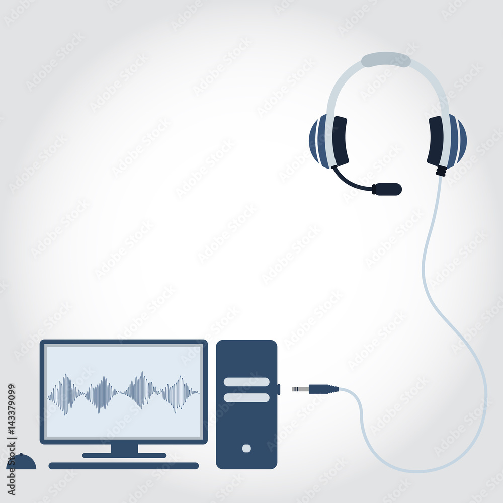 PC and headphone with microphone unplugged. Sound wave symbol showing on monitor. Empty space