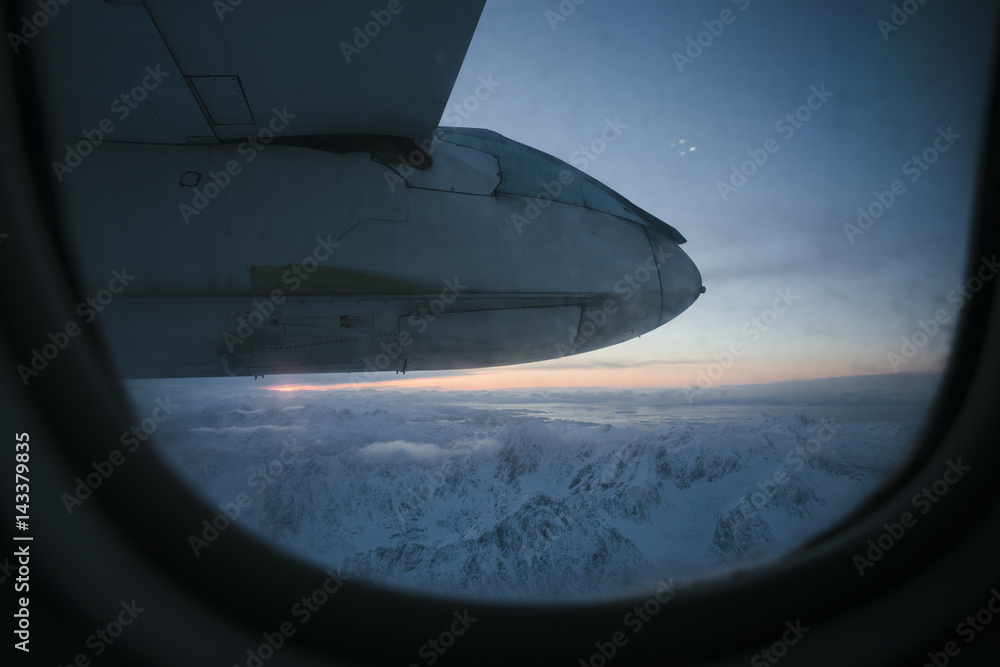 Norway, Lofoten, View through airplane window Norway, Lofoten, View through airplane window