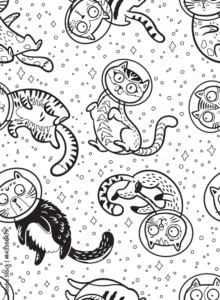 Graphic cats astronauts drawn in line art style. Seamless pattern
